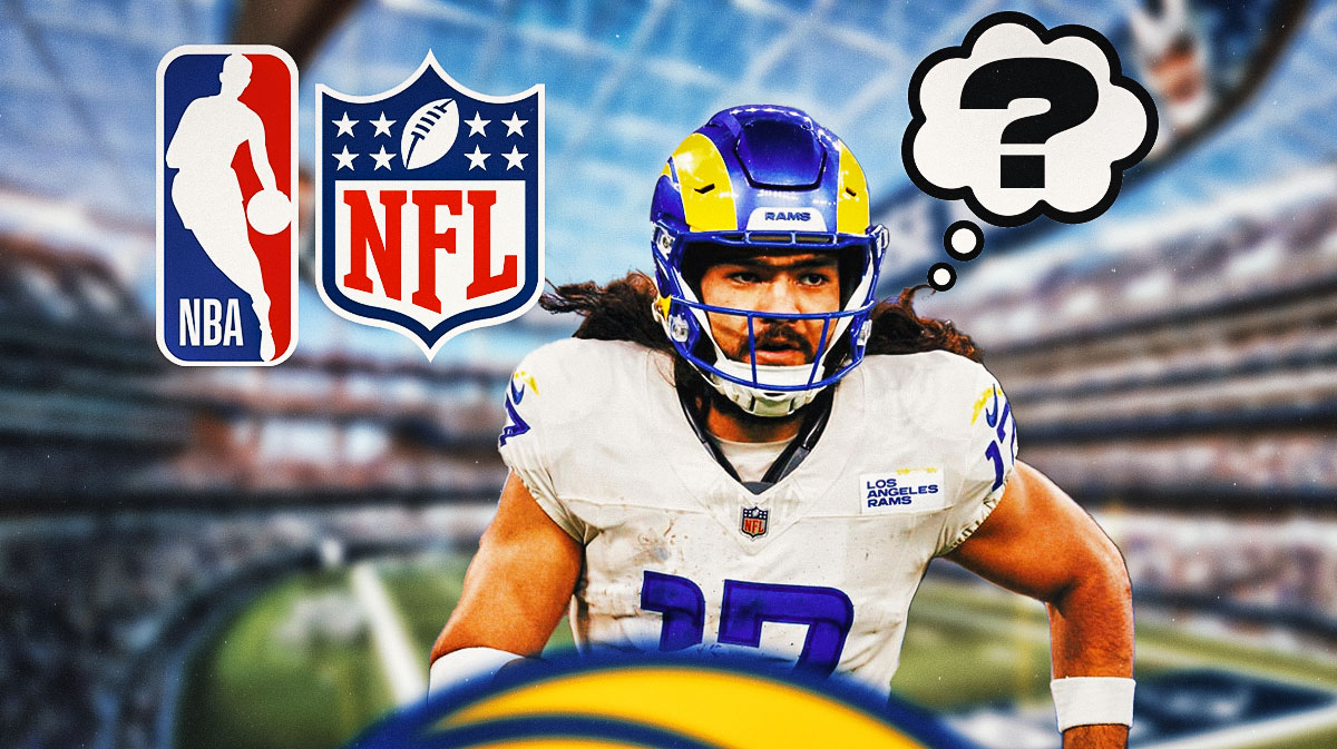 Rams wide receiver Puka Nacua with the NBA and NFL logos beside him, while Nacua has a thought bubble of a question mark.