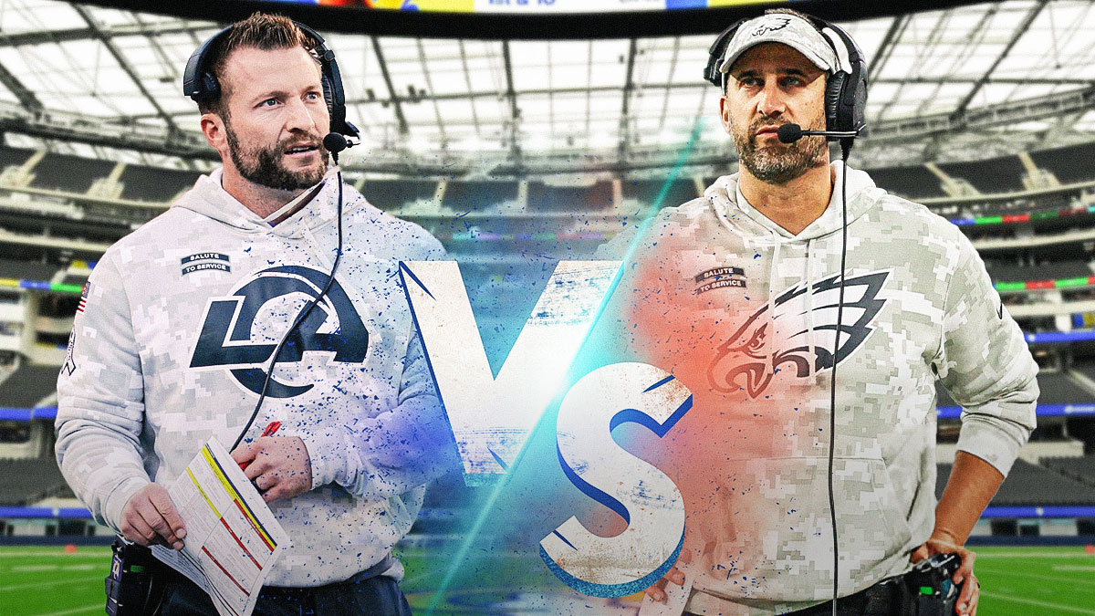 Sean McVay next to Nick Sirianni with a "VS." between them in front of SoFi Stadium