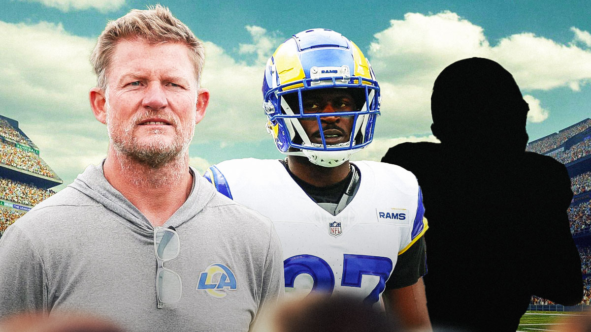 Les Snead next to Tre'Davius White and the blacked-out silhouette of Matthew Stafford.