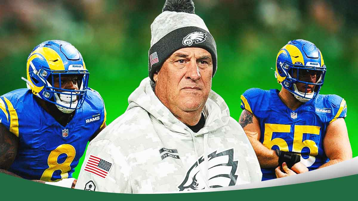 Vic Fangio next to Jared Verse and Braden Fiske in front of the Eagles stadium