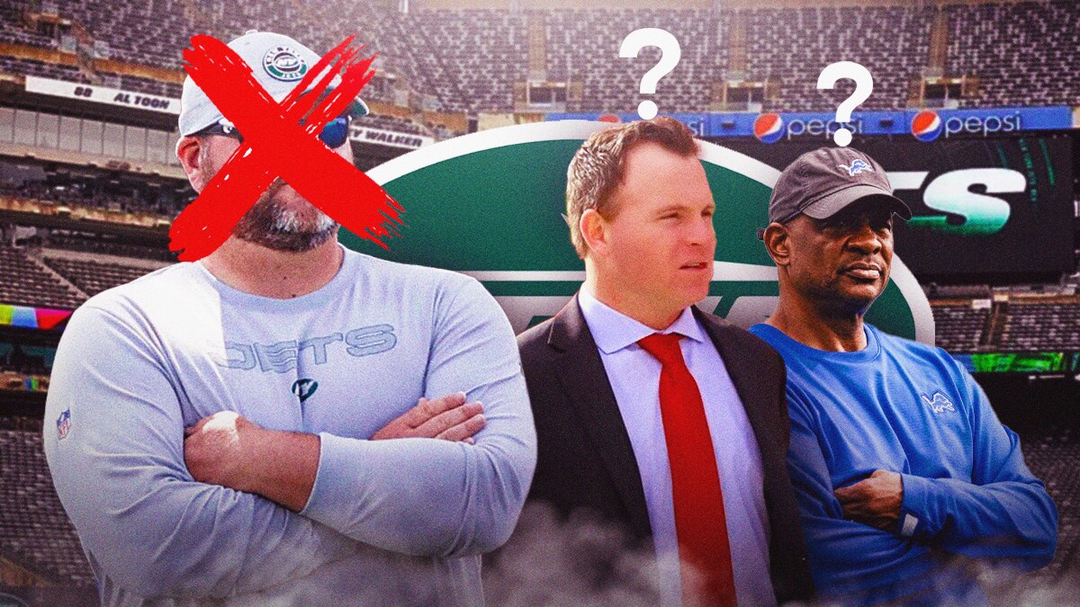Joe Douglas with an X over his face. A Jets logo in the background. Mike Borgonzi and Ray Agnew also in the background, with question marks above each of their heads