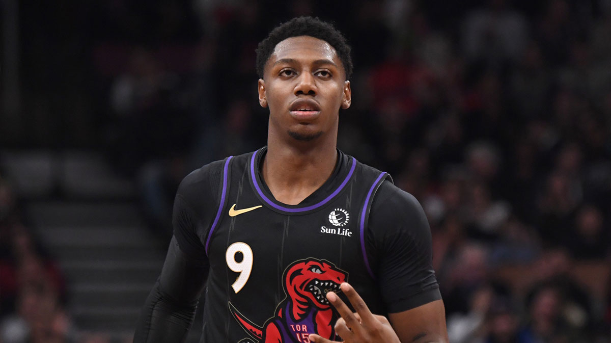 Raptors forward RJ Barrett (9) reacts after making a three point basket against the Minnesota Timberwolves in the second half at Scotiabank Arena