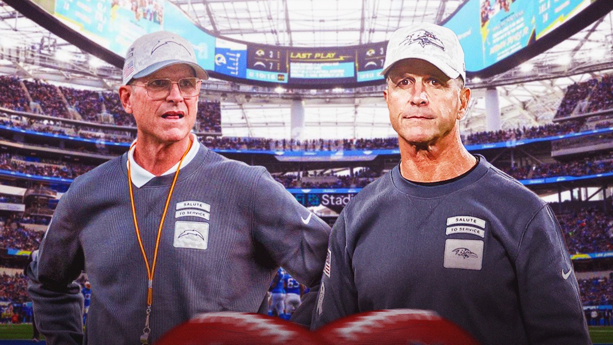 John Harbaugh next to Jim Harbaugh in front of the Chargers Stadium