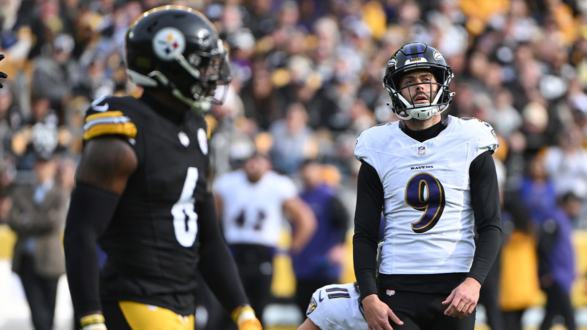 Baltimore Ravens place kicker Justin Tucker (9) reacts to a missed field goal against the Pittsburgh Steelers during the first quarter at Acrisure Stadium. 