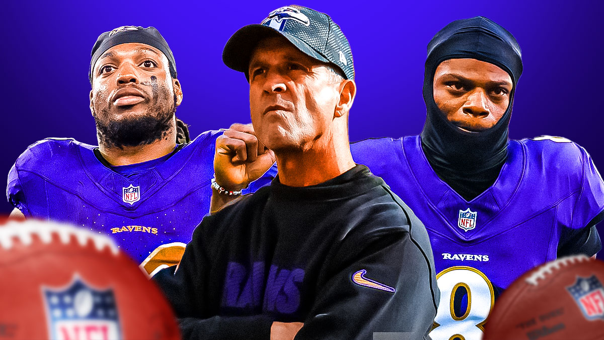 Lamar Jackson in Baltimore Ravens jersey with serious face, Derrick Henry in Ravens jersey with serious face, John Harbaugh in Ravens coaching uniform with serious face