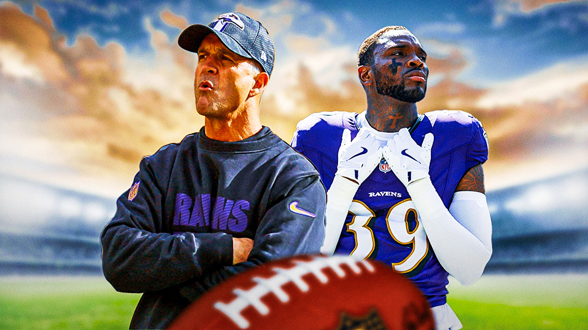 Baltimore Ravens coach John Harbaugh and Eddie Jackson in a Baltimore Ravens uniform as the Ravens waived Jackson who was part of the league's worst secondary.