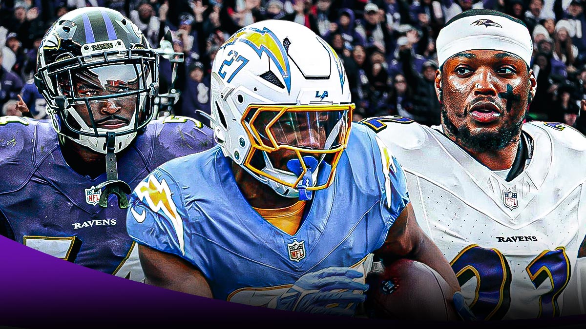 Derrick Henry, Zach Orr and J.K. Dobbins (Chargers) on the field at the Chargers Stadium