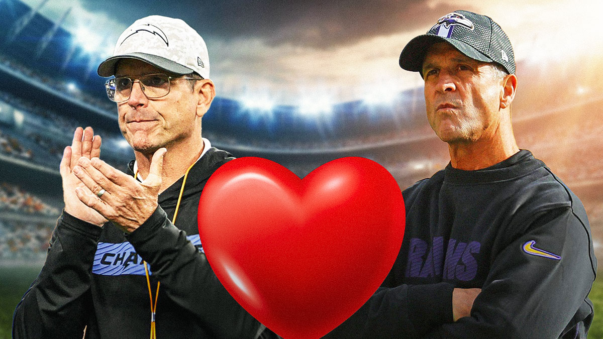 Baltimore Ravens head coach John Harbaugh and Los Angeles Chargers head coach Jim Harbaugh with a big red heart between them as the brothers said "I love you" after the ravens won the MNF game.