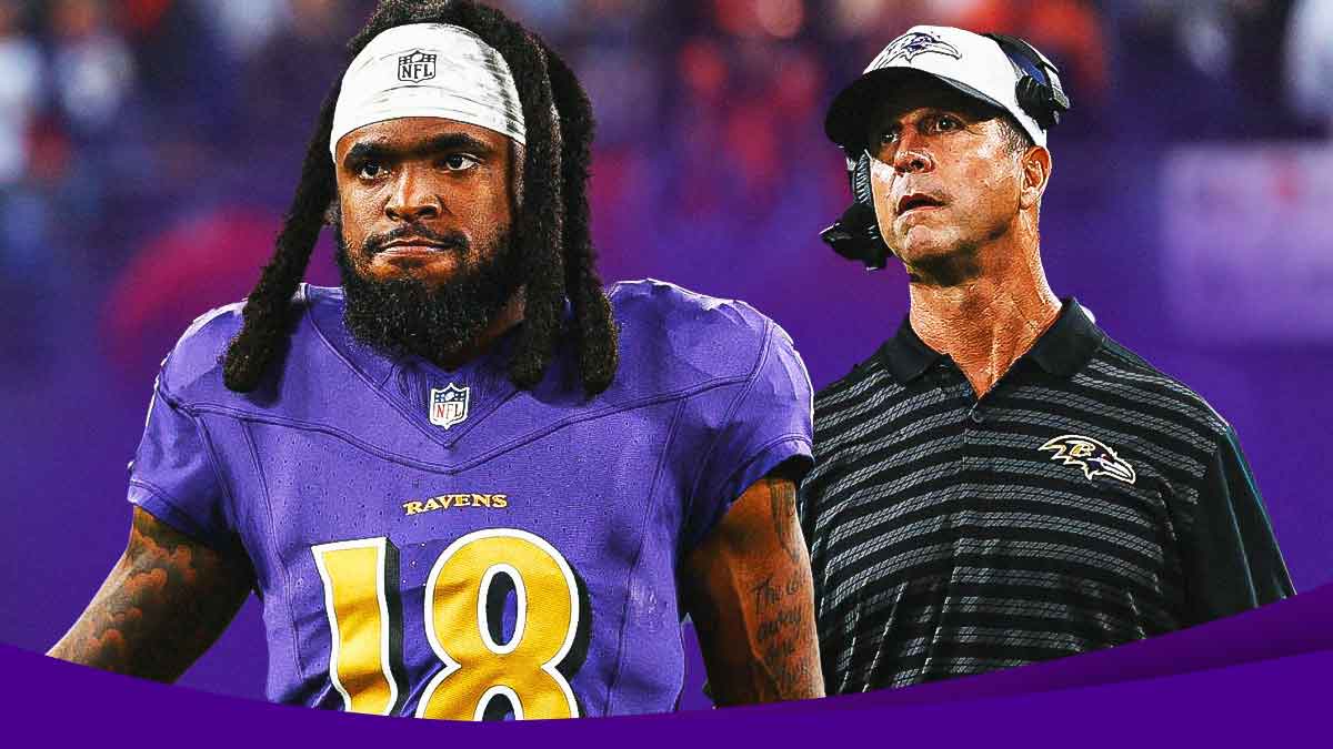 Diontae Johnson in a Baltimore Ravens uniform with Ravens coach John Harbaugh as Harbaugh discusses Johnson's role with the Ravens against the Steelers.