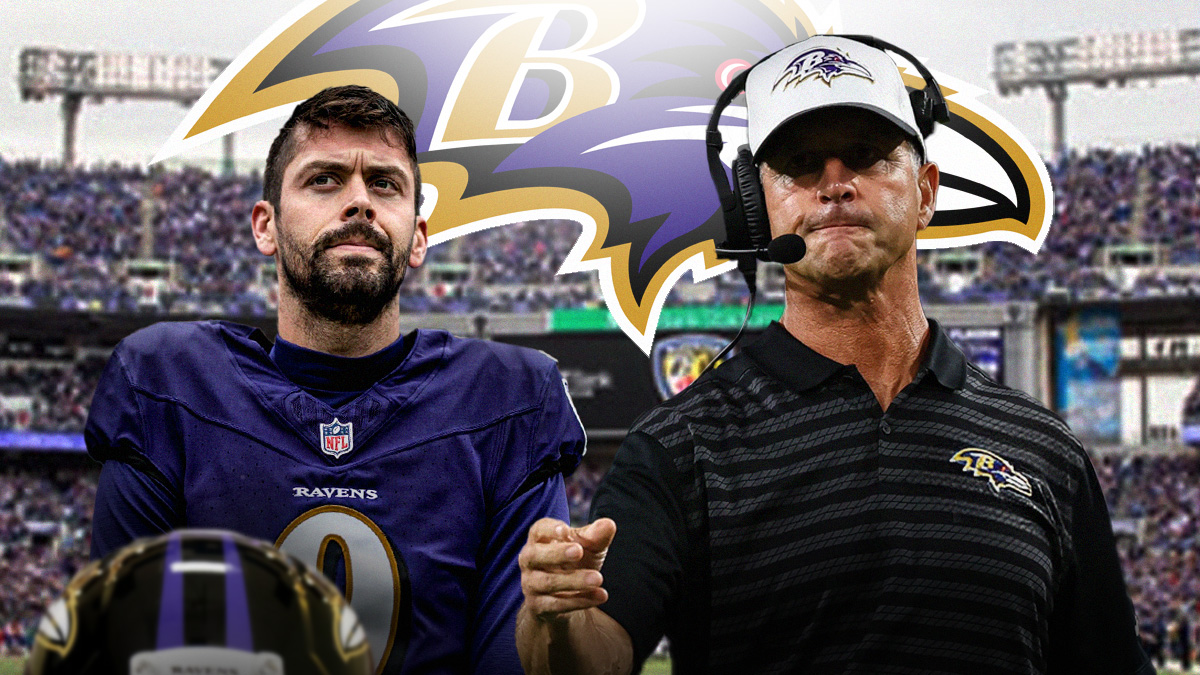 Image of Ravens head coach John Harbaugh looking angry and pointing next to image of Ravens kicker Justin Tucker looking sad/frustrated. Ravens logo in background