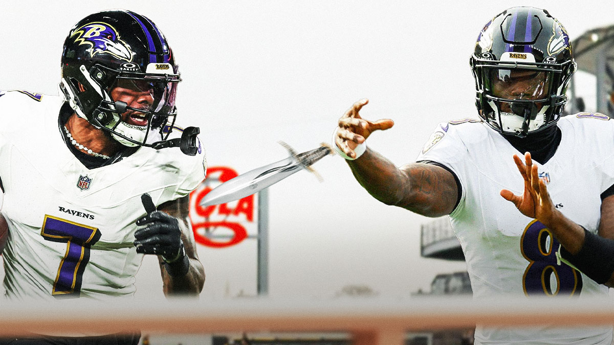 Baltimore Ravens QB Lamar Jackson in the sky, dropping a dagger (knife) to Baltimore Ravens WR Rashod Bateman.