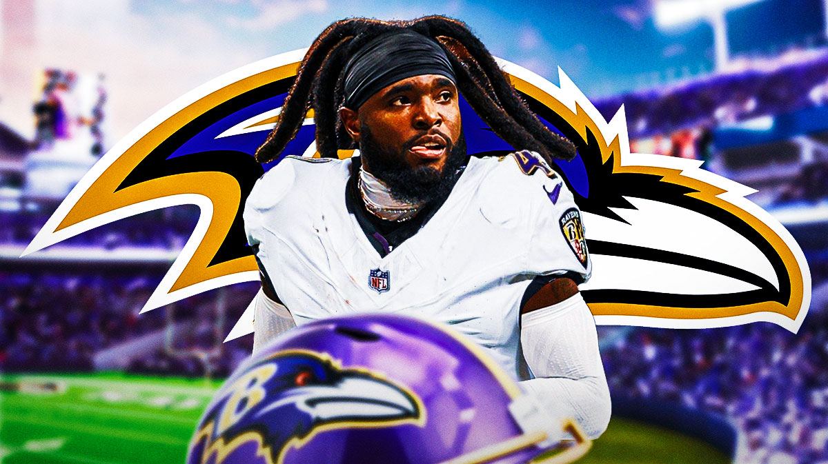 Baltimore Ravens WR Diontae Johnson with a logo for the Baltimore Ravens.