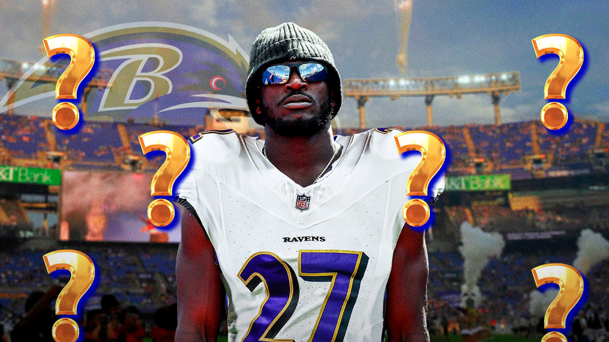 Tre'Davious White in a Baltimore Ravens uniform. He is surrounded by question mark emojis. There is also a logo for the Baltimore Ravens.