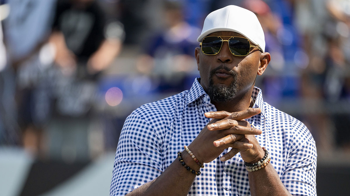National Football League member Ray Lewis stands on the field before the game between the Baltimore Ravens and the Las Vegas Raiders at M&T Bank Stadium.