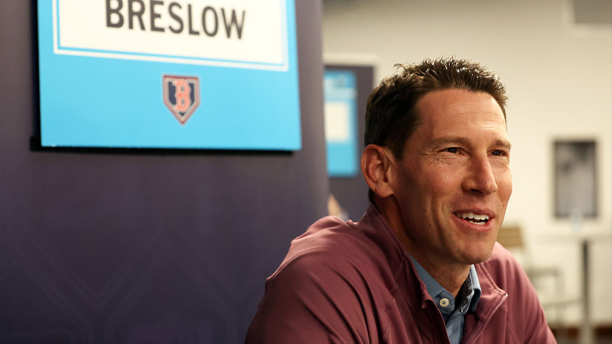 Boston Red Sox chief baseball officer Craig Breslow talks with media at George M. Steinbrenner Field.