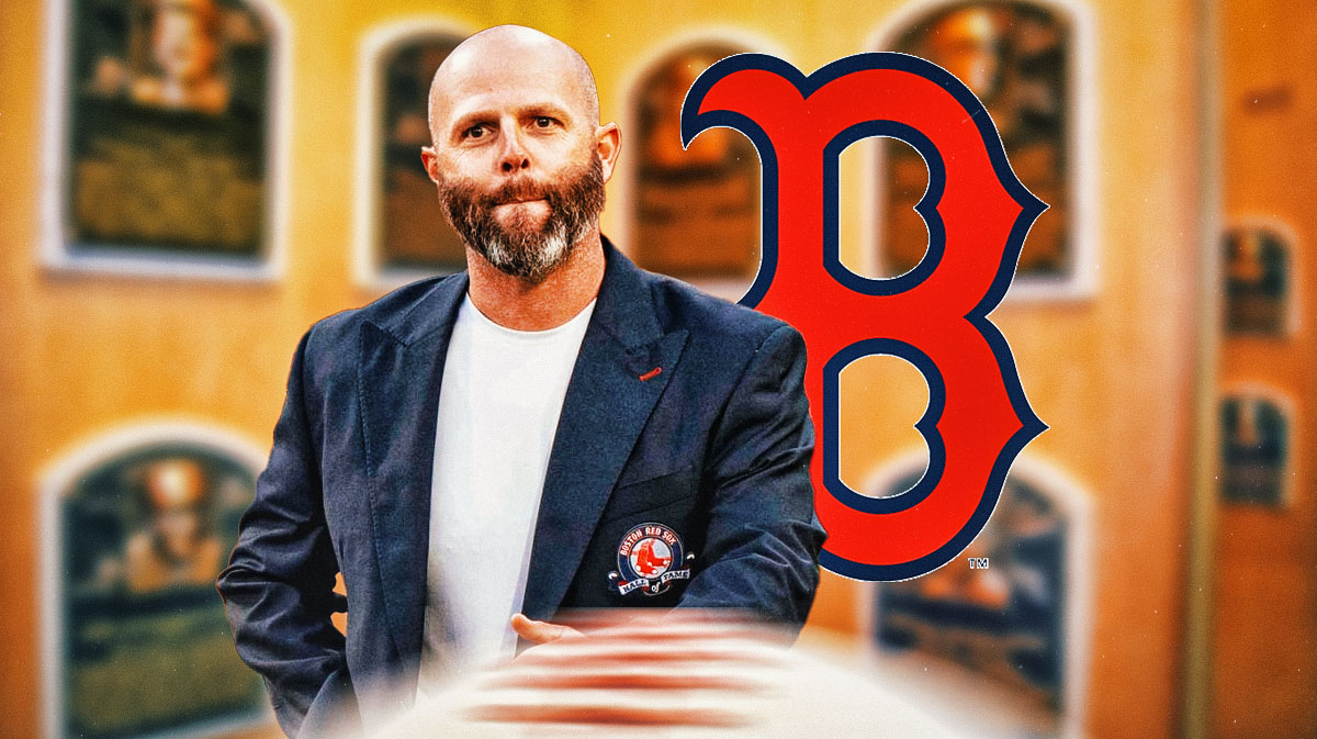 Red Sox second baseman Dustin Pedroia next to a Red Sox logo with Cooperstown Baseball Hall of Fame in the background