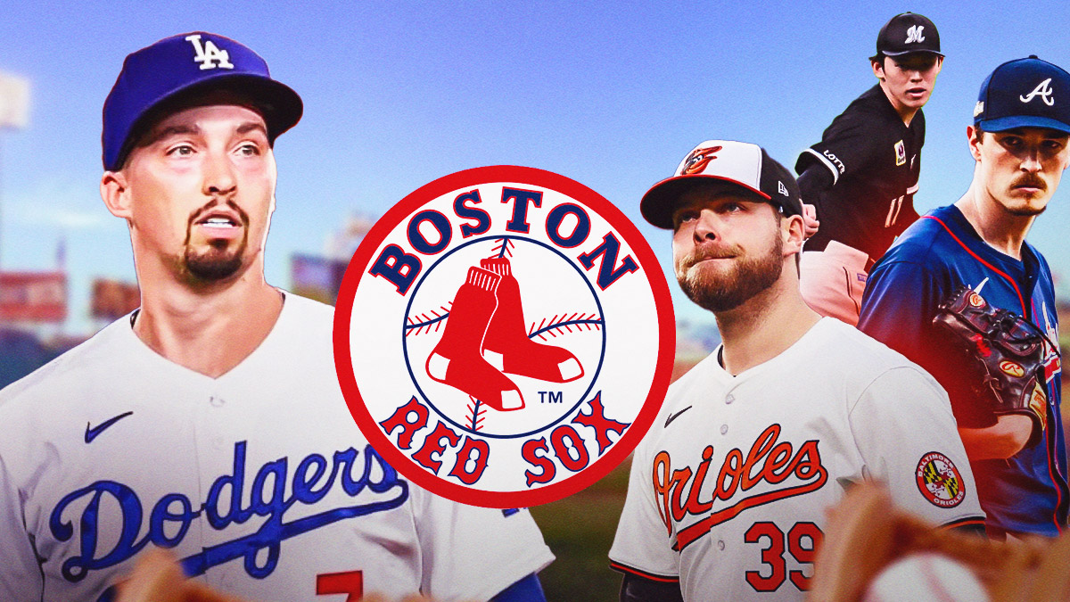 Blake Snell in Dodgers uniform, with Red Sox logo on the side, Max Fried/Corbin Burnes/Roki Sasaki beside the Red Sox logo