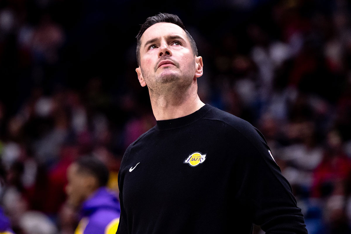 Los Angeles Lakers head coach JJ Redick looks on against the New Orleans Pelicans during the second half at Smoothie King Center.