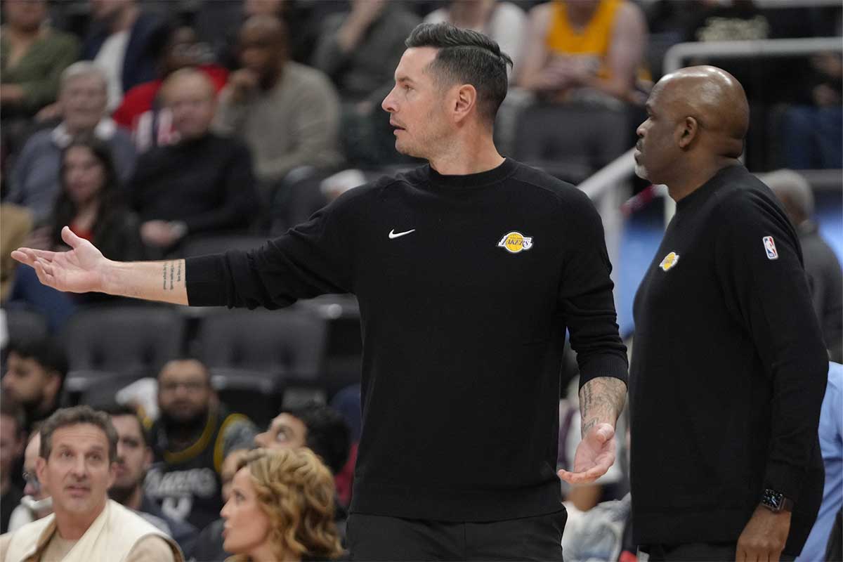 Los Angeles Lakers head coach JJ Redick reacts to a play against the Toronto Raptors during the second half at Scotiabank Arena.