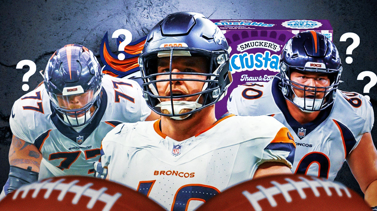 Mike McGlinchey, Luke Wattenberg and Quinn Meinerz in image, a box of Untouchables, Denver Broncos logo, 3-5 question marks, football field in background