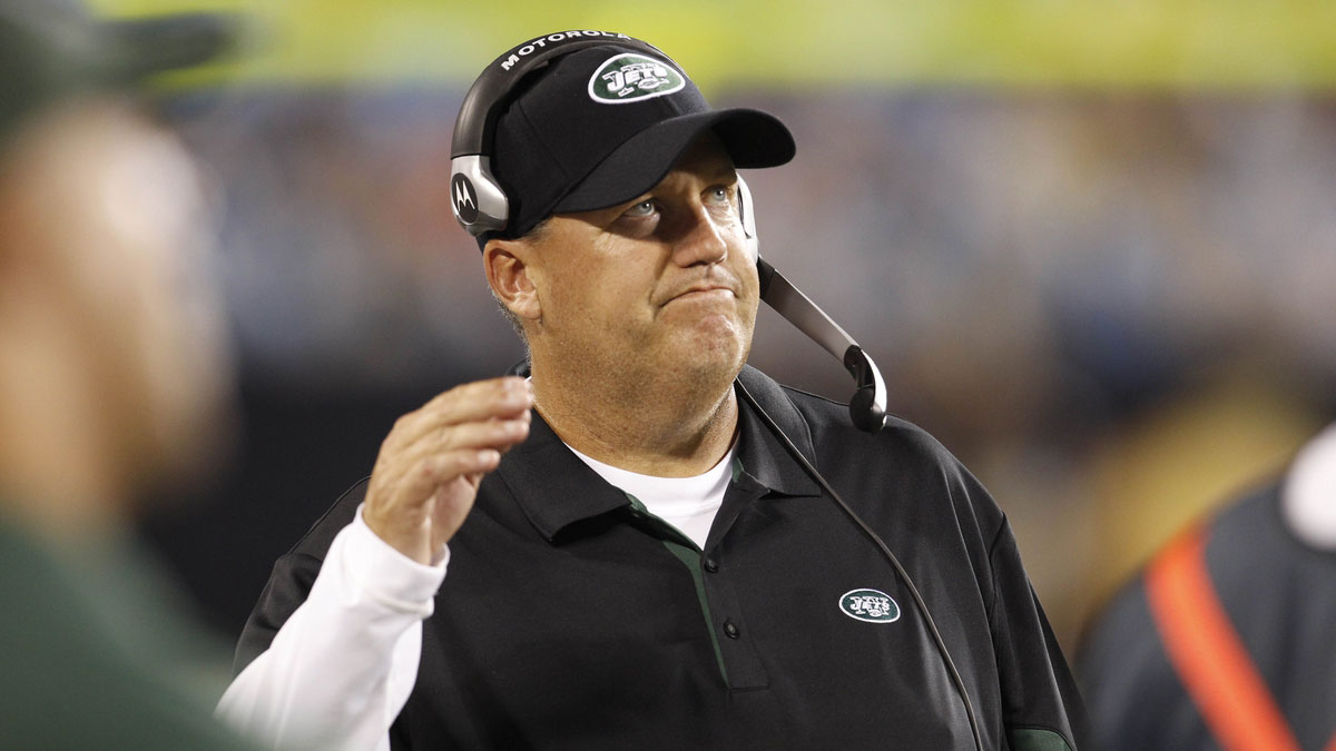 New York Jets head coach Rex Ryan reacts at Bank of America Stadium. The Jets defeated the Carolina Panthers 9-3.