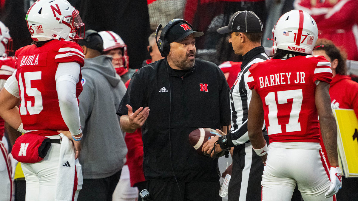 Nebraska Cornhuskers head coach Matt Rhule talks with an official against the UCLA Bruins during the fourth quarter at Memorial Stadium. 