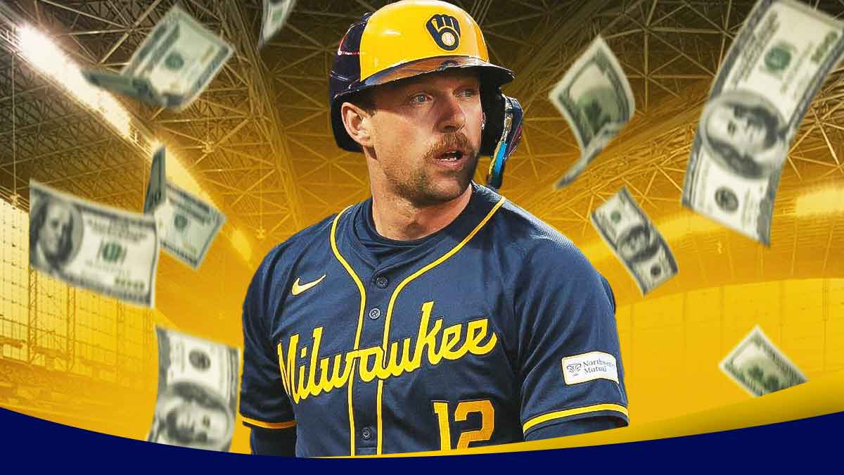 Photo: Rhys Hoskins with money flying around him in Brewers jersey