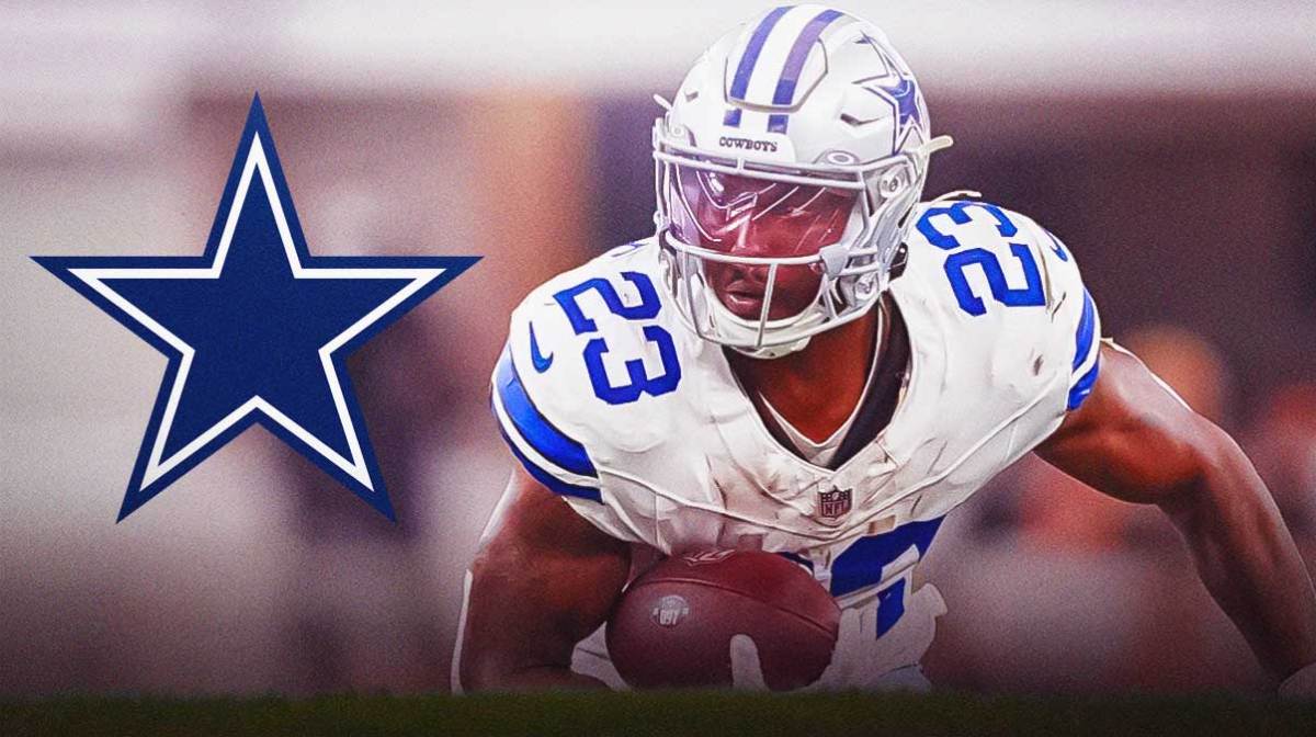 Cowboys Rico Dowdle running with a football. Place the Dallas Cowboys 2024 logo somewhere in image.