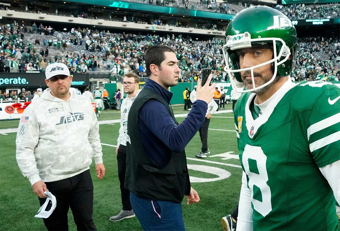 New York Jets QB Aaron Rodgers (8) after 28-27 loss to the Indianapolis Colts on Sunday, Nov. 17, 2024 at MetLife Stadium.