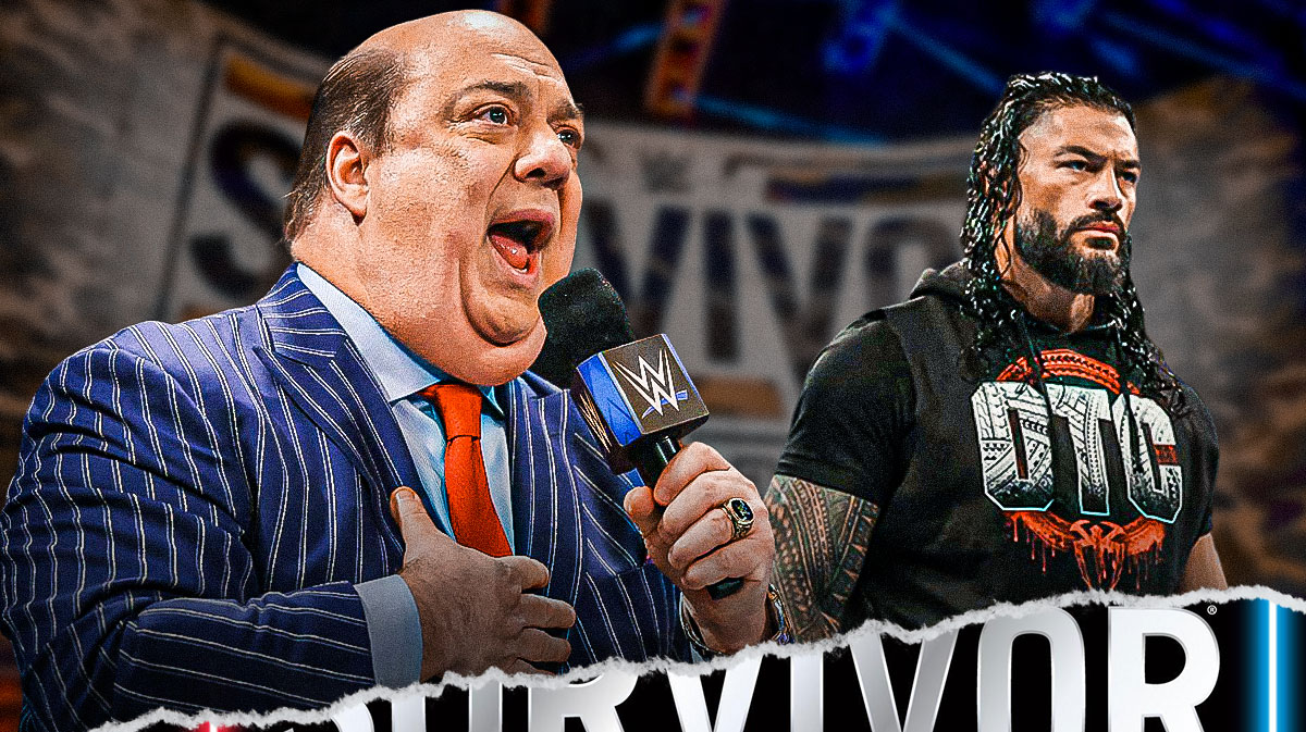 Paul Heyman and Roman Reigns in front of the Survivor Series WarGames logo
