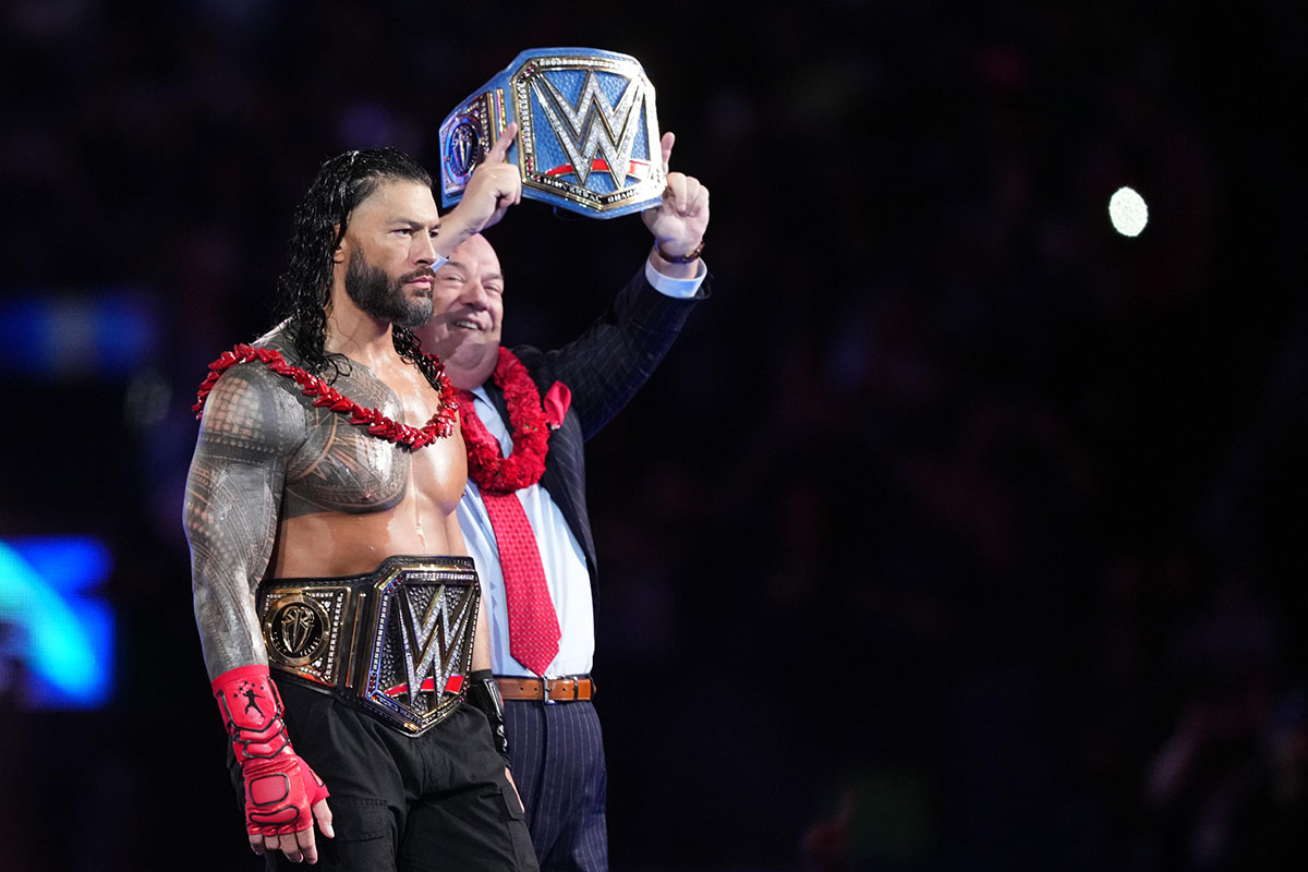 Roman Reigns and Paul Heyman making their entrance at WrestleMania 39.