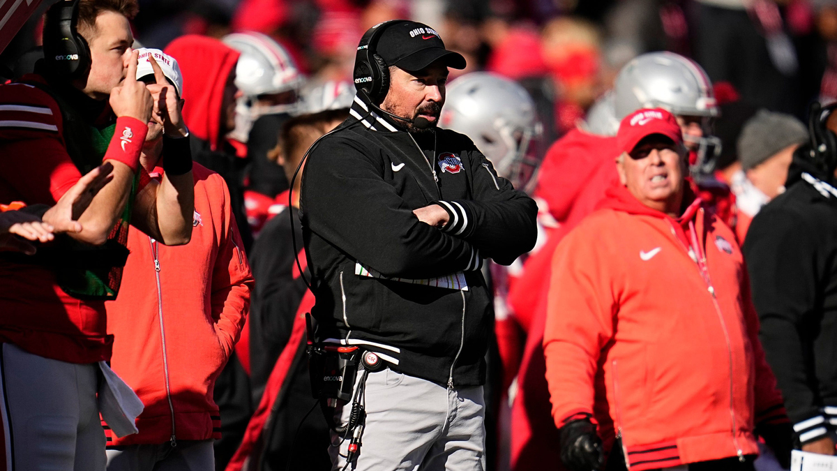Ohio State Buckeyes head coach Ryan Day watches during the first half of the NCAA football game against the Michigan Wolverines at Ohio Stadium