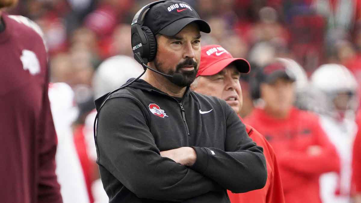 Ohio State Buckeyes head coach Ryan Day looks on from the sideline against the Northwestern Wildcats during the first half at Wrigley Field.