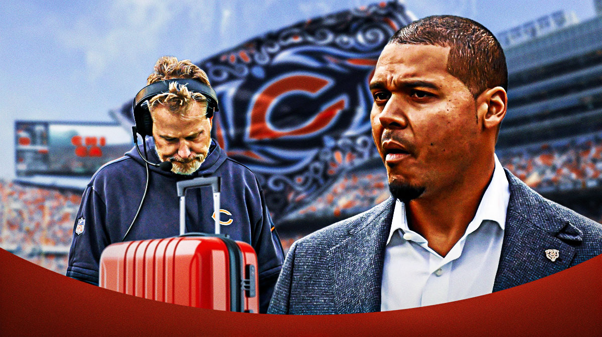 Bears GM Ryan Poles looking at head coach Matt Eberflus, who has a backpack on and walking away from Soldier Field