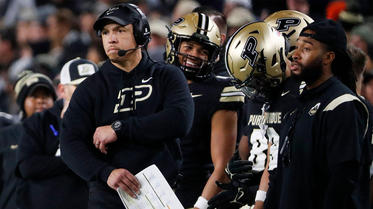 Purdue Boilermakers head coach Ryan Walters looks down field Saturday, Nov. 16, 2024, during the NCAA football game against the Penn State Nittany Lions at Ross-Ade Stadium in West Lafayette, Ind. Penn State Nittany Lions won 49-10.