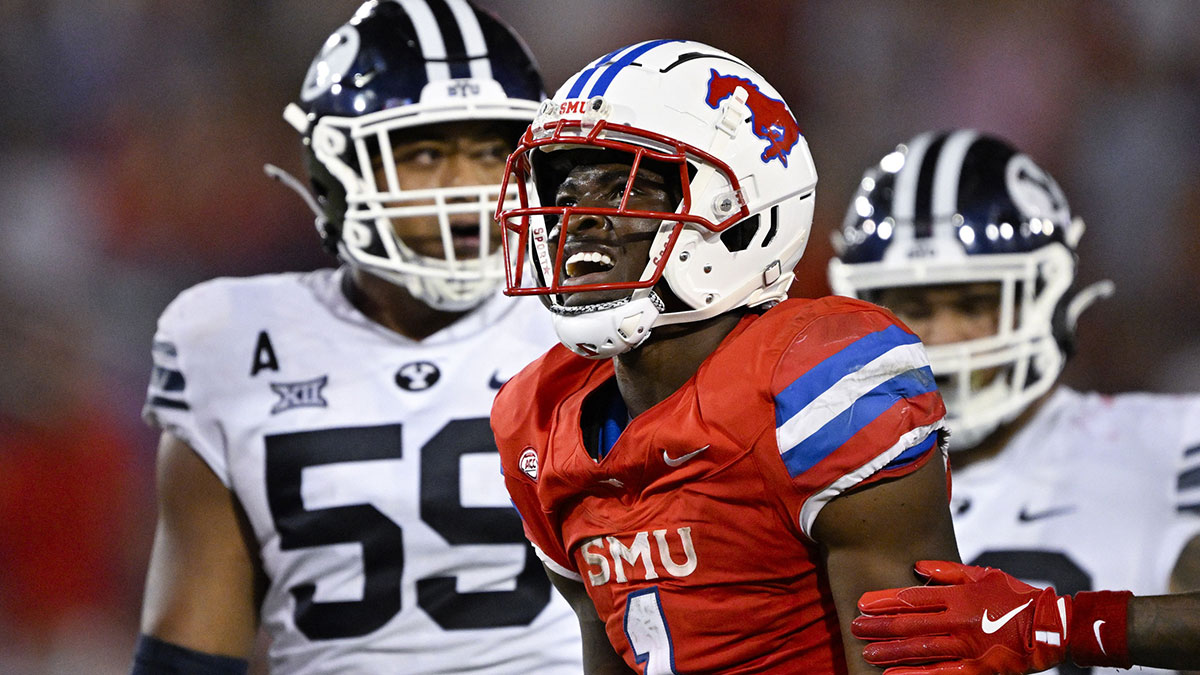 Southern Methodist Mustangs running back Brashard Smith (1) smiles after he converts a first down against the Brigham Young Cougars during the second half at Gerald J. Ford Stadium