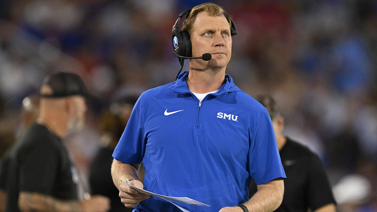 Southern Methodist Mustangs head coach Rhett Lashlee during the game between the Southern Methodist Mustangs and the Florida State Seminoles at Gerald J. Ford Stadium.