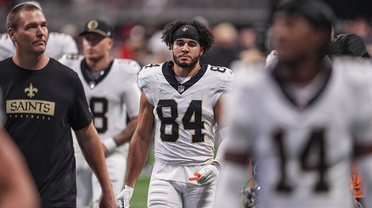 New Orleans Saints wide receiver Mason Tipton (84) on the field against the Atlanta Falcons at Mercedes-Benz Stadium