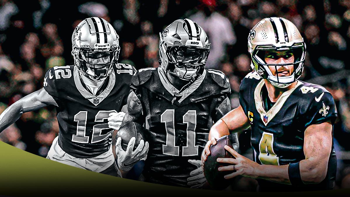 Saints' Chris Olave greyed out, Cedrick Wilson greyed out with Derek Carr in color in between
