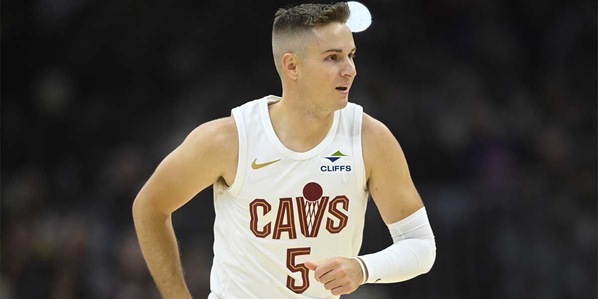 Cleveland Cavaliers guard Sam Merrill (5) runs on the floor in the first quarter against the Brooklyn Nets at Rocket Mortgage FieldHouse.