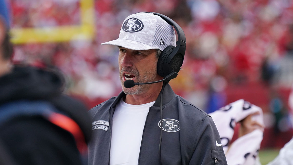 San Francisco 49ers head coach Kyle Shanahan on the sideline against the Seattle Seahawks in the second quarter at Levi's Stadium.