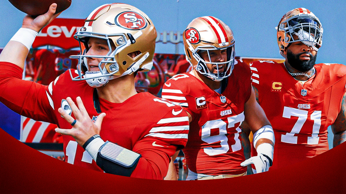 49ers Brock Purdy throwing a football, 49ers Nick Bosa and 49ers Trent Williams both looking serious.