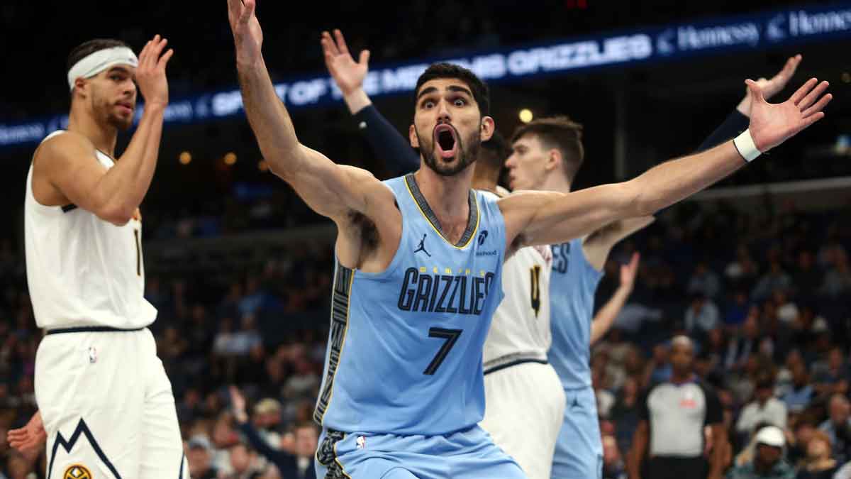 The Memphis Grizzlies forward Santi Aldama (7) reacts during the second half against Nugget Denver in FedExforum.