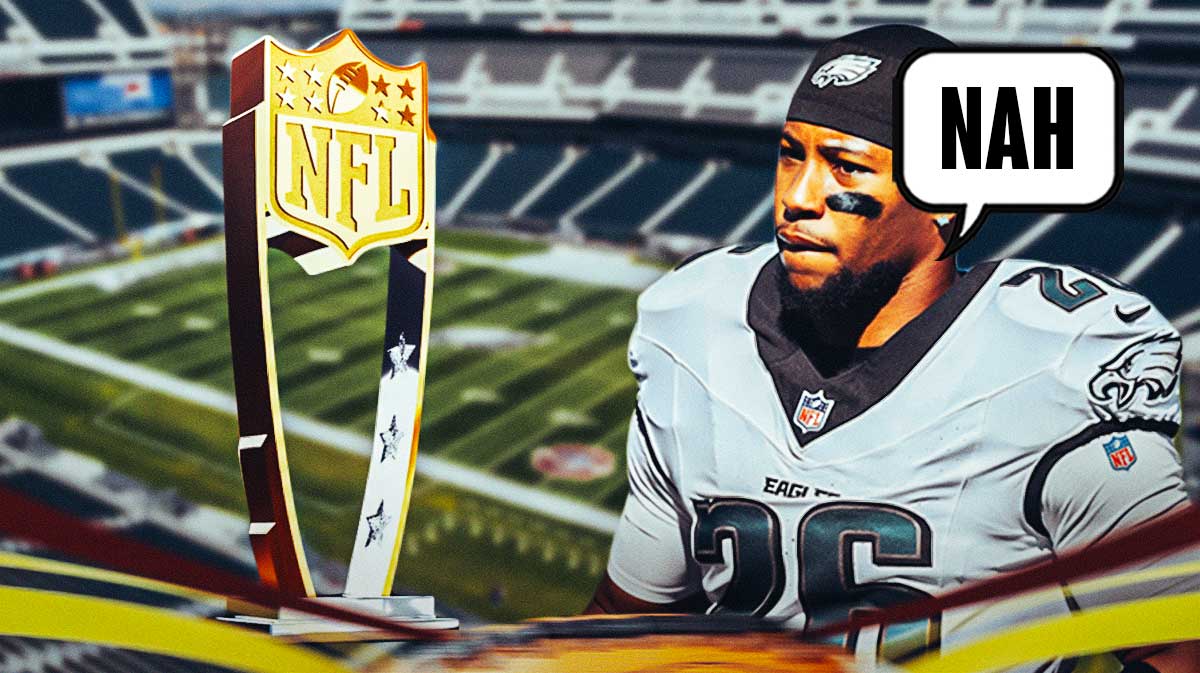 Saquon Barkley in an Eagles jersey with a thought bubble that says "Nah" with the NFL MVP trophy next to him