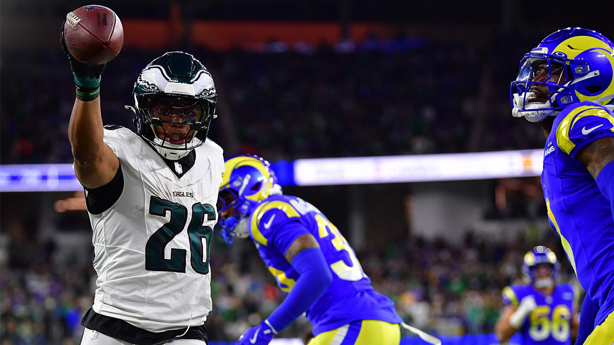 Philadelphia Eagles running back Saquon Barkley (26) reacts after getting first down against the Los Angeles Rams during the second half at SoFi Stadium.