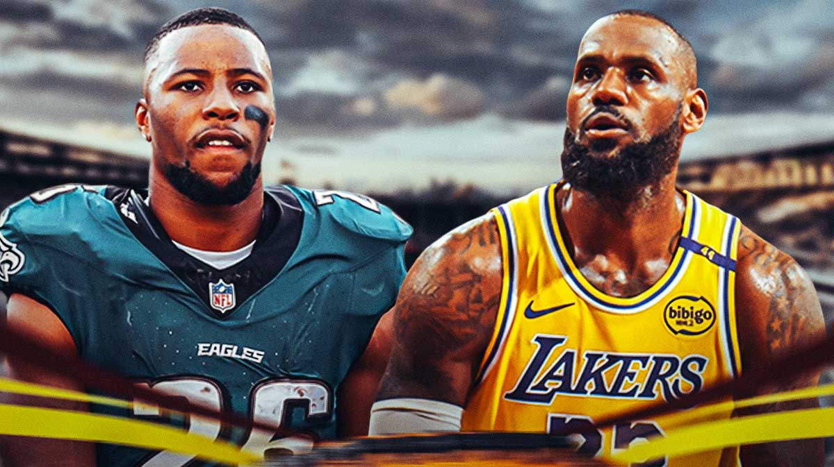 Photo: LeBron James looking shocked looking at Eagles' Saquon Barkley hurdling defender from yesterday's game