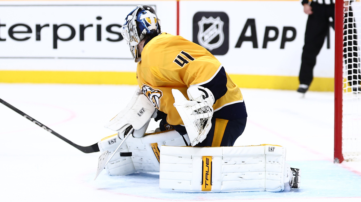 Nashville Predators goaltender Scott Wedgewood (41) stops a puck in the third period against the Columbus Blue Jackets at Bridgestone Arena.