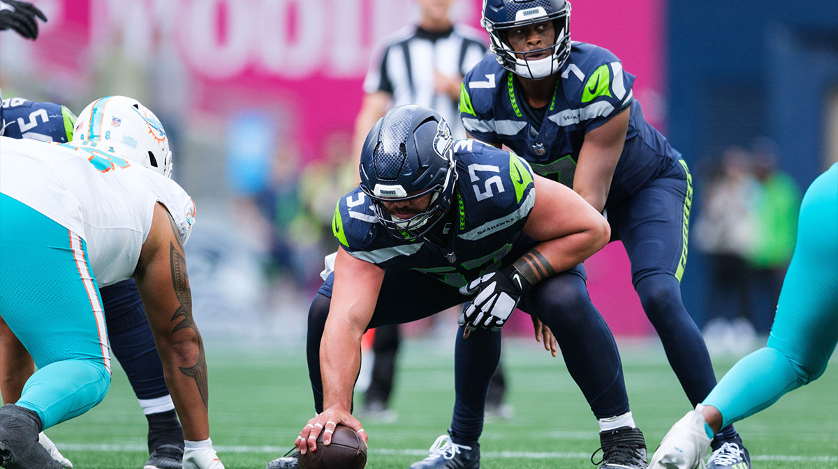 Seattle Seahawks center Connor Williams (57) prepares to snap the ball during the fourth quarter against the Miami Dolphins at Lumen Field