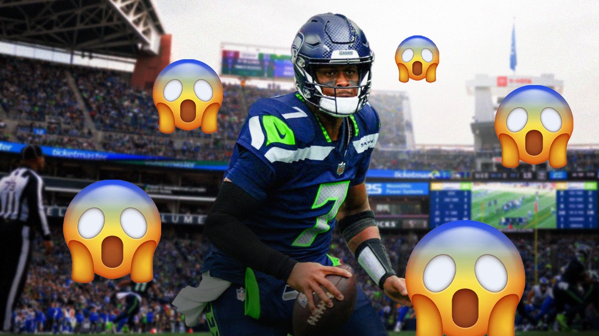 Geno Smith, Levi's Stadium in the background. Shocked emojis all over