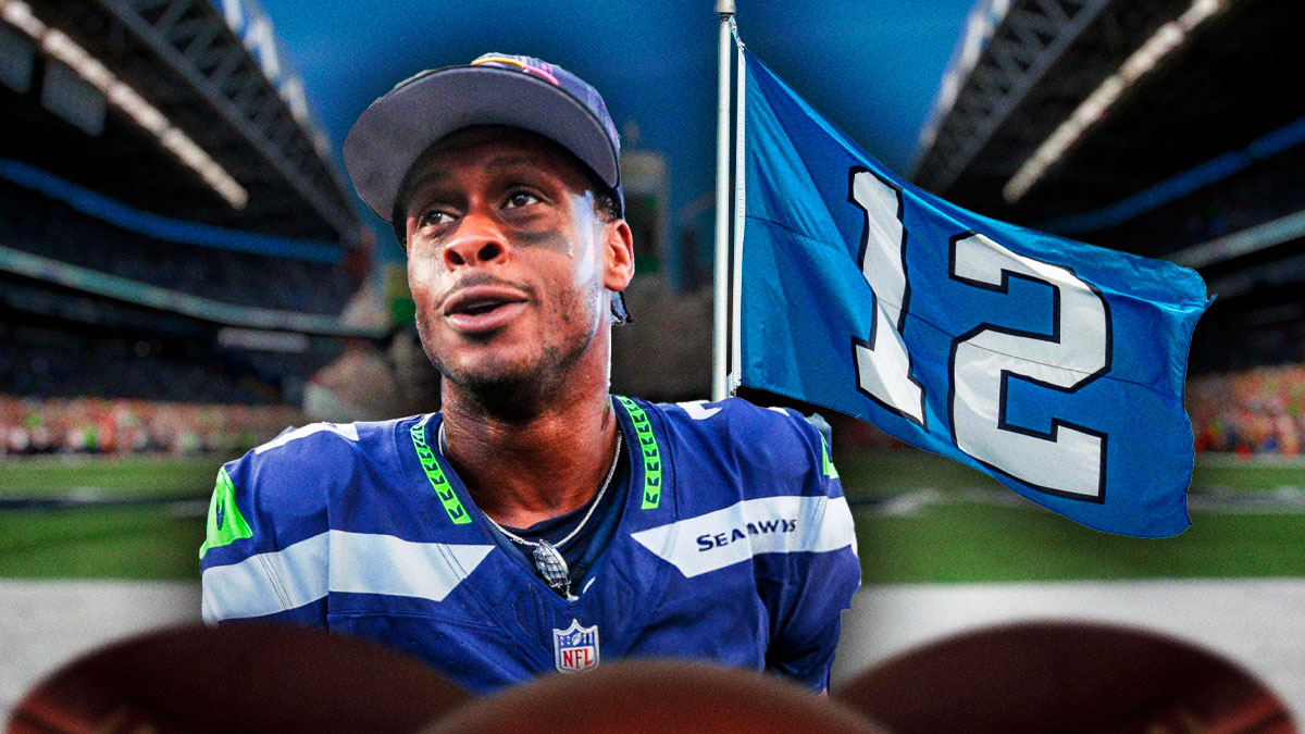 Seahawks' Geno Smith next to Seattle 12s flag